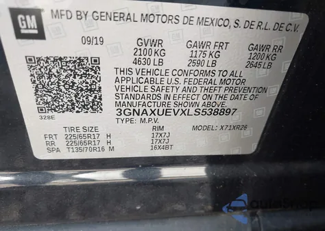 2020 Chevrolet Equinox Awd Lt 1.5L Turbo from USA, damaged, VIN 3GNAXUEVXLS538897